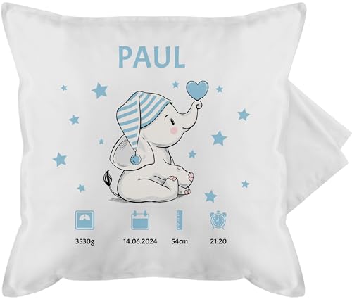 Kissenbezug - Elefant Geburtsdaten Geschenk zur Geburt - 50 x 50 cm - Weiß - Kissen Neugeborene Baby personalisierte Geschenke personalisierter Schwangerschaft Schwangerschafts verkündung von Geschenk mit Namen personalisiert by Shirtracer