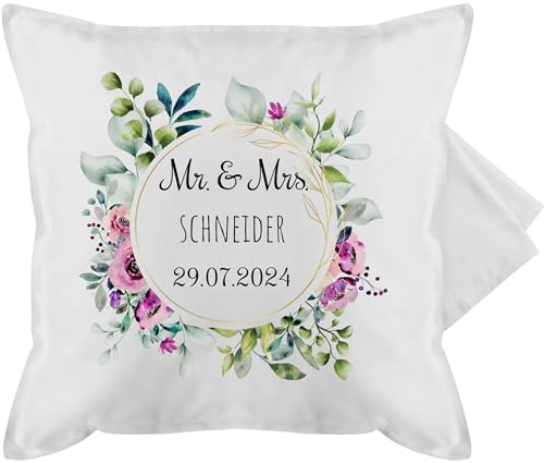 Kissenbezug - Deko Kissen Damen bedruckt - Mr and Mrs - Datum Name Hochzeit - 50 x 50 cm - Weiß - wunschtext mr. und mrs. kissenhülle & kissenbezüge hochzeitsgeschenk kopfkissen von Geschenk mit Namen personalisiert by Shirtracer