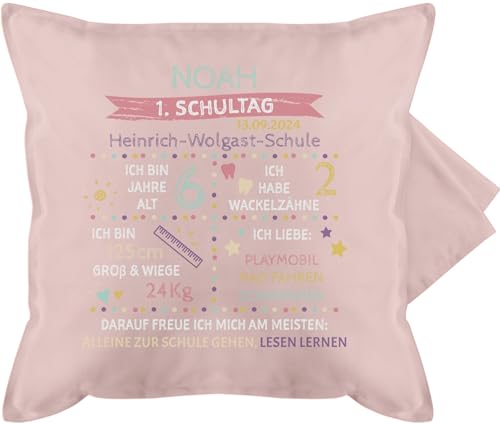 Kissenbezug - Einschulung Kissen - 1. Schultag - Scrapbook Steckbrief Profil - 50 x 50 cm - Hellrosa - Schulanfang personalisiertes personalisierte Schulkind schul Geschenke 2023 schulanfänger von Geschenk mit Namen personalisiert by Shirtracer