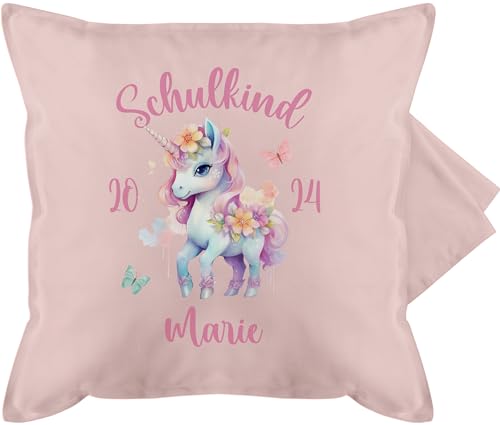 Kissenbezug - Einschulung Kissen - Schulkind 2024 Einhorn Unicorn - 50 x 50 cm - Hellrosa - 1. Schultag personalisiertes Schulanfang Kita Schule personalisierte einschulungs schulkinder von Geschenk mit Namen personalisiert by Shirtracer