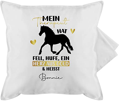 Kissenbezug - Pferd Pferde - Mein Therapeut hat Fell, Hufe und EIN Herz aus Gold - 50 x 50 cm - Weiß - Pferdesport pferdekissen wunschtext pferdemotiv Kissen Geschenke für pferdefans pferdemotive von Geschenk mit Namen personalisiert by Shirtracer