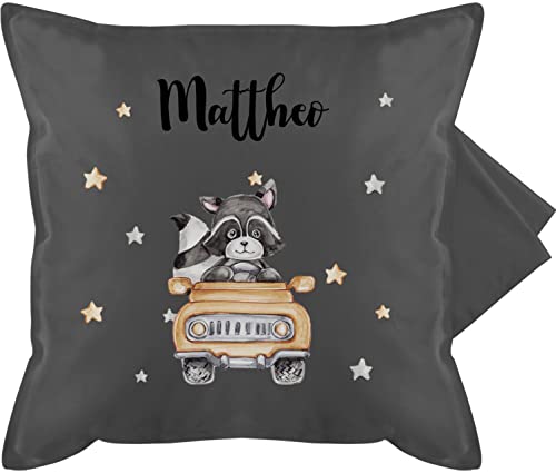 Kissenbezug - Tiere - Süßer Waschbär Rennfahrer Motiv Baby - 50 x 50 cm - Grau - tierkissen kleine personalisierte Geschenke waschbären Kissen Tier Tieren Personalisieren Dino und Tiger Name von Geschenk mit Namen personalisiert by Shirtracer