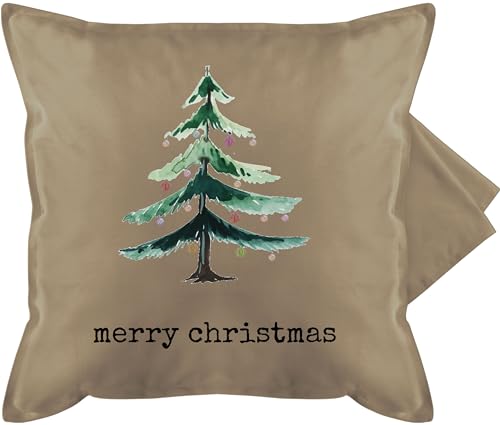 Kissenbezug - Weihnachtskissen Geschenke - Merry Christmas Aquarell Baum Wunschtext - 50 x 50 cm - Beige - kissenhülle weihnachtlicher weihnachtliche kissenhüllen weihnachten weihnachtsmotiven von Geschenk mit Namen personalisiert by Shirtracer