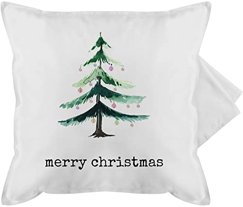 Kissenbezug - Weihnachtskissen Geschenke - Merry Christmas Aquarell Baum Wunschtext - 50 x 50 cm - Weiß - personalisiertes personalisierte Weihnachts 2023 Weihnachten Weihnachtszeit weinachts von Geschenk mit Namen personalisiert by Shirtracer