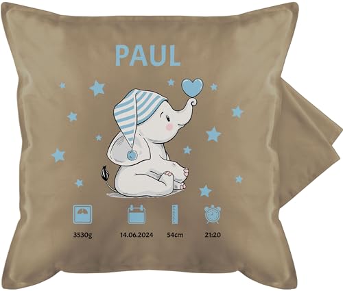 Kissenbezug - Elefant Geburtsdaten Geschenk zur Geburt - 50 x 50 cm - Beige - kissenhüllen personalisierte Geschenke Kissen Baby personalisiertes personalisierter neugeborenes Neugeborene für von Geschenk mit Namen personalisiert by Shirtracer