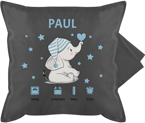 Kissenbezug - Elefant Geburtsdaten Geschenk zur Geburt - 50 x 50 cm - Grau - personalisierte Baby Kissen Geschenke Neugeborene personalisiertes Geburtsgeschenk kissenhüllen neugeborenen von Geschenk mit Namen personalisiert by Shirtracer