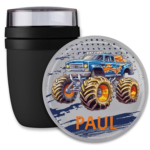 Lunchpot Kinder Müslibecher to go Joghurtbecher für Mepal Ellipse - Autos - Monstertruck mit Name personalisiert I Monster Truck Geschenk Off Road Geländewagen - 300 ml - Schwarz von Geschenk mit Namen personalisiert by Shirtracer