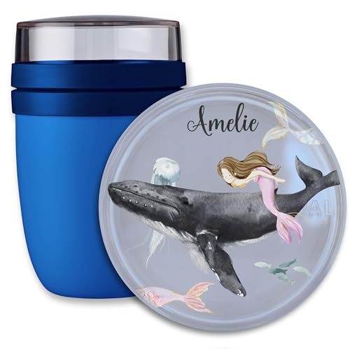 Lunchpot Kinder Müslibecher to go Joghurtbecher für Mepal Ellipse - Meerjungfrau mit Wal und Name personalisiert I Mermaid Geschenk Buckelwal - 300 ml - Blau - becher von Geschenk mit Namen personalisiert by Shirtracer