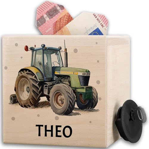 Personalisierte Holzspardose mit Traktor und Namen für Kinder | Spardose Holz mit Schlepper | Bulldog | Bauernhof | Kinderspardose Trecker - 10x10cm - Holz - Name des kindes kinderspardosen Jungen von Geschenk mit Namen personalisiert by Shirtracer