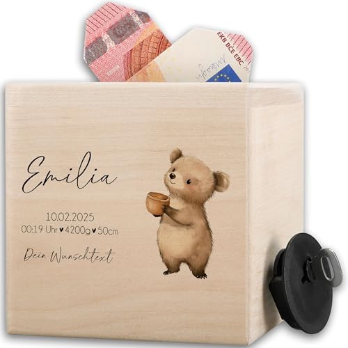 Spardose - Bären Holzspardose zur Geburt mit Name Daten Bär I Geldgeschenk Sparbüchse Holz süßer Bär Geburtsgeschenk Bären Geldgeschenke Verpackung - 10x10cm - Holz von Geschenk mit Namen personalisiert by Shirtracer