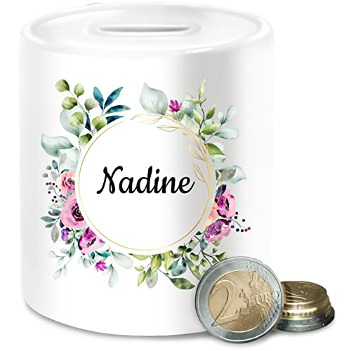 Spardose - Boho - Dein Name in Blumenkranz - Unisize - Weiß - personalisierte sparbüchse kinderspardose Bohemian spardosen chic Stil Geburtsgeschenk individuell Keramik personalisierter Bedrucken von Geschenk mit Namen personalisiert by Shirtracer