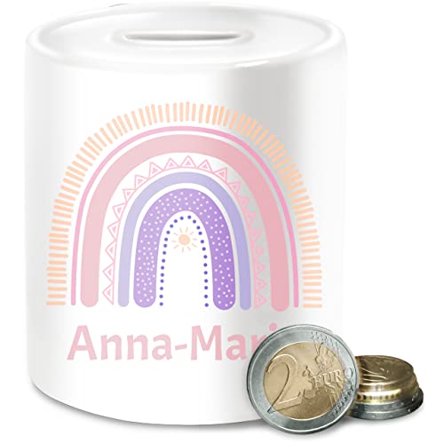 Spardose - Boho - Regenbogen - Name und Sonne - Unisize - Weiß - personalisierte sparbüchse Bohemian spardosen kinderspardose individuell Keramik Geburtsgeschenk Bedrucken personalisierter von Geschenk mit Namen personalisiert by Shirtracer