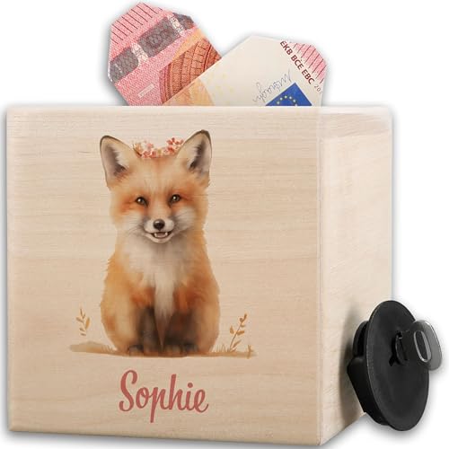 Spardose Fuchs Holz I Geschenk Fuchs Personalisiert I Süßer Fuchs Spardose I Fuchsmotiv Kinder I Fuchs Geschenk - 10x10cm - Holz - Sachen für 12 jährige aus von Geschenk mit Namen personalisiert by Shirtracer