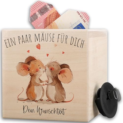 Spardose - Geburtstag - Holzspardose EIN Paar Mäuse für Dich personalisiert I Sparbüchse Geldgeschenk Paar Geschenke Pärchen Geschenke I Geldgeschenke Verpackung Holz - 10x10cm - Holz von Geschenk mit Namen personalisiert by Shirtracer