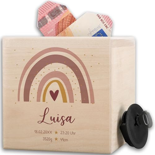 Spardose Holz - Geldgeschenk Baby Holzsparbüchse zur Geburt Mädchen I Holzspardose Regenbogen mit Herz Name und Geburtsdaten - 10x10cm - Holz - personalisierte spardosen Personalisieren Spardose Holz - Geldgeschenk Baby Holzsparbüchse zur Geburt Mädchen I Holzspardose Regenbogen mit Herz Name und Geburtsdaten - 10x10cm - Holz - personalisierte spardosen Personalisieren von Geschenk mit Namen personalisiert by Shirtracer