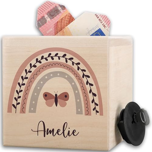 Spardose Holz - Holzspardose Regenbogen personalisierte Sparbüchse Mädchen I Taschengeld Geschenk Holzspardose - 10x10cm - Holz - spardosen für Kinder kinderspardose Name geldsparbox Gross von Geschenk mit Namen personalisiert by Shirtracer