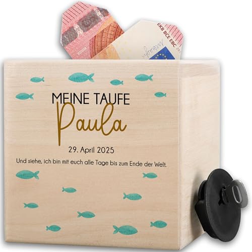 Spardose - Holzspardose zur Taufe Fische Geldgeschenk I Taufgeschenk Mädchen personalisiert I Geld verschenken Sparbüchse Holz Kinder Taufgeschenk - 10x10cm - Holz - aus taufgeschenke taufen von Geschenk mit Namen personalisiert by Shirtracer