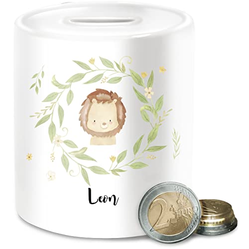 Spardose - Löwen - Süßer Löwe im Blumenkranz und Name - Unisize - Weiß - personalisierte sparbüchse babyspardosen zur Geburt löwenmotiv Kinder Keramik mädchen kinderspardose Tiere von Geschenk mit Namen personalisiert by Shirtracer