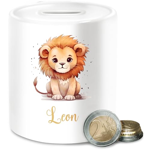 Spardose - Süßer Löwe mit Name personalisiert I Löwen Geschenk I Zootiere I König der Tiere I LEU - Unisize - Weiß - Junge babyspardosen zur Geburt löwenmotiv Leon sparbüchse personalisierte von Geschenk mit Namen personalisiert by Shirtracer