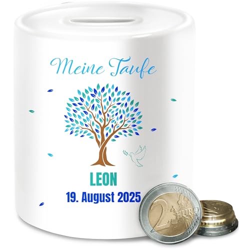 Spardose - Meine Taufe Lebensbaum I Taufgeschenk Jungen Taufgeschenke Junge Patenkind - Unisize - Weiß - Geld verpackung zur Taufe￼ Geschenke firmung konfirmation Baum spardosen Kommunion von Geschenk mit Namen personalisiert by Shirtracer