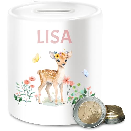 Spardose - REH mit Name personalisiert I Rehkitz I Rehe - Unisize - Weiß - Kinder spardosen Tiere Tier Blumen kinderspardosen personalisierte mädchen kindersparbüchse Tieren Keramik rund von Geschenk mit Namen personalisiert by Shirtracer