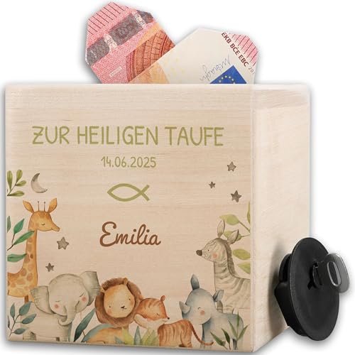 Spardose Holz - Holzpardose Safari Tiere zur Heiligen Taufe personalisiert I Taufgeschenke für Mädchen Geschenk Taufe Junge I Taufgeschenk personalisiert I Geldgeschenk zur Taufe - 10x10cm - Holz von Geschenk mit Namen personalisiert by Shirtracer