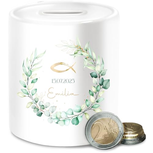 Spardose - Geschenk Taufe Fisch Motiv Eukalyptuskranz | Taufgeschenk mit Name und Datum - Unisize - Weiß - Geld verpackung zur Taufe￼ Geschenke firmung konfirmation spardosen taufgeldgeschenk von Geschenk mit Namen personalisiert by Shirtracer