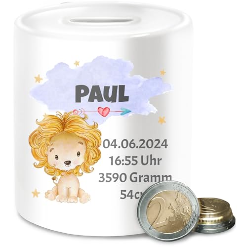 Spardose - Zur Geburt - Löwe Geburtsdaten - Junge Datum Gewicht Uhrzeit Größe - Unisize - Weiß - personalisierte Baby Geschenke Geburtsgeschenk sparbüchse zum beschriften neugeboren Geld von Geschenk mit Namen personalisiert by Shirtracer