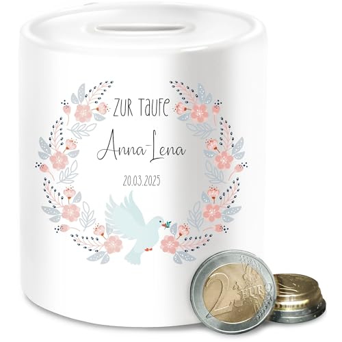 Spardose - Zur Taufe mit Name und Taube | Taufgeschenke für Patenkind | Taufe Geschenk | Gastgeschenk Taufe | Taufgeschenke von Großeltern - Unisize - Weiß - mädchen Geschenke firmung von Geschenk mit Namen personalisiert by Shirtracer