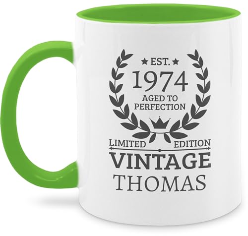 Tasse Tassen 325ml - 50. Geburtstag - Est.1974 Aged to perfection - Limited edition - Vintage mit Name - 325 ml - Hellgrün - 50 zum fünfzigsten 1973 50.geburtstag jahre personalisierte kaffeetasse von Geschenk mit Namen personalisiert by Shirtracer