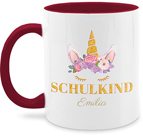 Tasse Tassen 325ml - Einschulung Schulanfang - Einhorn Kopf Blumen - 325 ml - Bordeauxrot - personalisierte zur geschenkideen+für+schulanfänger schulkind schulkind. trinktasse mädchen von Geschenk mit Namen personalisiert by Shirtracer