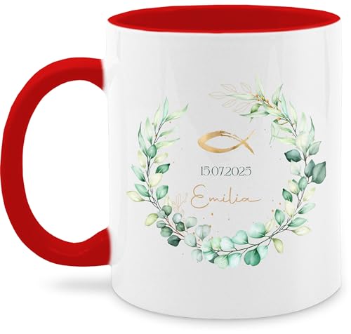 Tasse Tassen 325ml - Geschenk Taufe Fisch Motiv Eukalyptuskranz | Taufgeschenk mit Name und Datum - 325 ml - Rot - persönliches kommunion personalisierte konfirmationsgeschenke konfirmation von Geschenk mit Namen personalisiert by Shirtracer