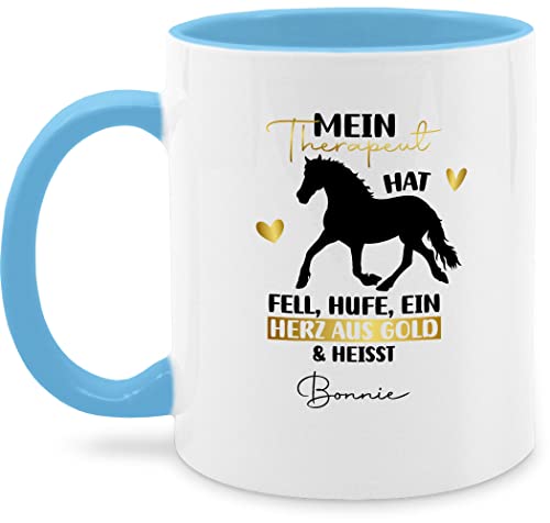 Tasse Tassen 325ml - Pferd Pferde - Mein Therapeut hat Fell, Hufe und ein Herz aus gold - 325 ml - Hellblau - personalisierte geschenke für reiterinnen teetasse kaffeetasse pferdemotiv reit sachen von Geschenk mit Namen personalisiert by Shirtracer