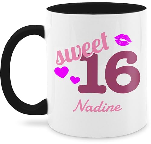 Tasse Tassen 325ml - 16. Geburtstag - Sweet Sixteen - Kussmund Herz Name - zum Sechzehnten - 325 ml - Schwarz - 16 junge jahre nur noch eine pflanze kaffeetasse fanmug schokotasse schokolade von Geschenk mit Namen personalisiert by Shirtracer