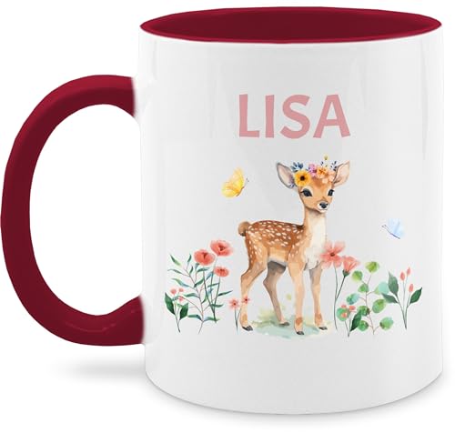 Tasse Tassen 325ml - Reh mit Name personalisiert I Rehkitz I Rehe - 325 ml - Bordeauxrot - kindergarten tier blumen teetasse einem tiere tieren waldtiere personalisierte kinder geschenke von Geschenk mit Namen personalisiert by Shirtracer