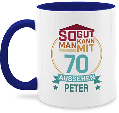 Tasse Tassen 325ml - 70. Geburtstag - So gut kann man mit 70 aussehen - eigener Name zum Siebzigsten - rot blau - 325 ml - Dunkelblau - nur noch eine pflanze spruch jahre geschenke 70er kaffeetasse von Geschenk mit Namen personalisiert by Shirtracer