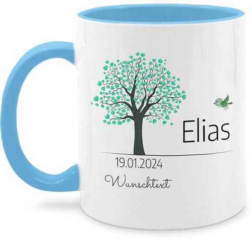 Tasse Tassen 325ml - Lebensbaum Geburt Taufe Kommunion Datum Geschenk - 325 ml - Hellblau - konfirmation konfirmations junge taufgeschenk baum taufgeschenke name patenkind+geschenk patenkind zur von Geschenk mit Namen personalisiert by Shirtracer