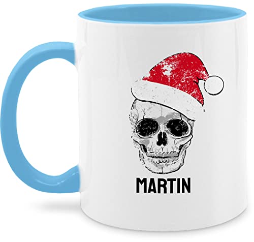 Tasse Tassen 325ml - Weihnachten Weihnachtstasse - Vintage Totenkopf mit Weihnachtsmütze - 325 ml - Hellblau - weihnachtstassen weihnachts 2023 2022 wunschtext weihnachtsmotiv und christmas zu name von Geschenk mit Namen personalisiert by Shirtracer