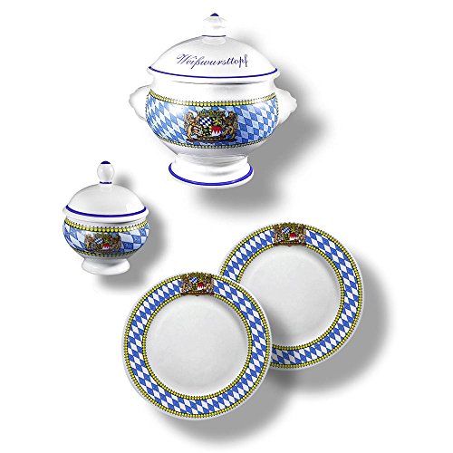 4-teiliges Bayerisches Weißwurst-Set mit Rautenrand bestehend aus Weißwurst-Terrine BZW. Weißwurst-Topf 1l, Senf-Topf und 2 Weißwurst-Tellern von Geschenkbox