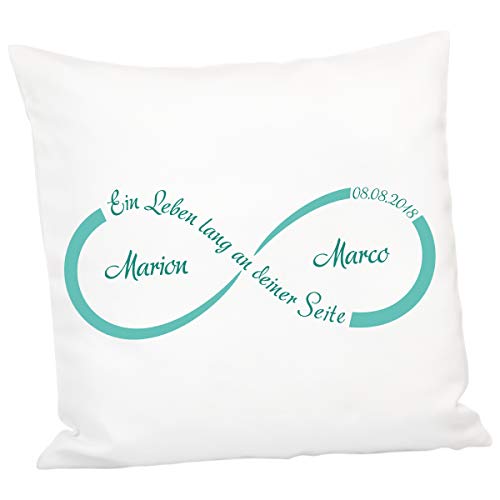 Geschenke 24: Kissen - Unendlichkeit mit Personalisierung (Grün) - personalisiertes Kuschelkissen - Romantisches Zierkissen mit Namen und Datum von Geschenke 24