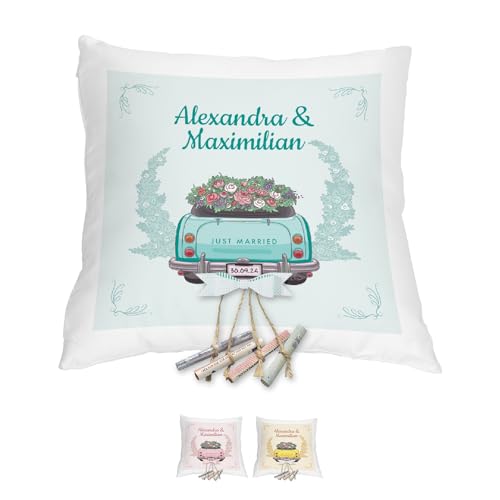 Personalisierbares Kissen als Geldgeschenk Hochzeit I Originelle Hochzeitsgeschenke für das Brautpaar | 40x40cm Hochzeitskissen mit Füllung | Motiv mit floralem Hochzeitsauto von Geschenke 24