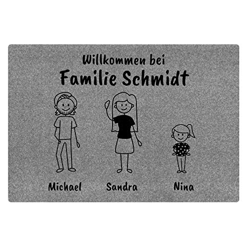 Geschenke 24 Fußmatte Comic Style grau (3 Figuren): Türmatte mit bis zu 6 Namen und unterschiedlichen Figuren - Herzlich Willkommen + Familienname, personalisiert für Innen- und Außenbereich von Geschenke 24