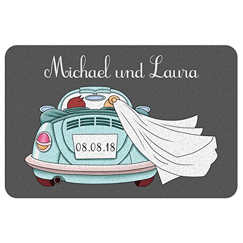 Geschenke 24 Fußmatte zur Hochzeit mit Automotiv in Türkis: Fußabtreter mit Namen von Braut und Bräutigam + Hochzeitsdatum personalisiert von Geschenke 24