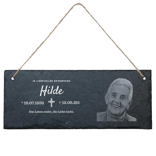 Gedenktafel aus Schiefer (eckig - Fotogravur) | personalisiert mit Foto, Name, Datum und Wunschtext | Trauertafel | individuelle Grabbeigabe | Schiefertafel zum Aufhängen von Geschenke 24