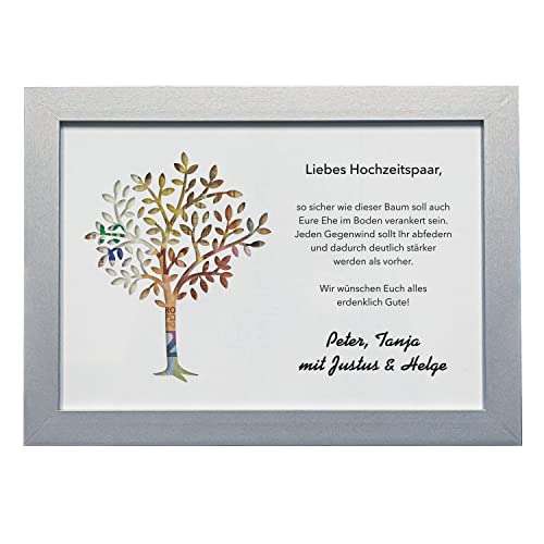 Geldgeschenk personalisiert zur Hochzeit im Bilderrahmen "Lebensbaum" | mit Wunschnamen bedruckt | Hochzeitsgeschenk | Wandbild mit Druck | (DINA3-silber) von Geschenke 24