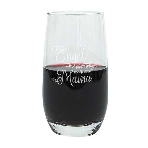 Geschenke 24 | 1x Weinglas ohne Stiel | mit Spruch Engel ohne Flügel nennt man Mama | spülmaschinenfest | Tumbler | Weinbecher mit Gravur | 360 ml | elegant und harmonisch von Geschenke 24