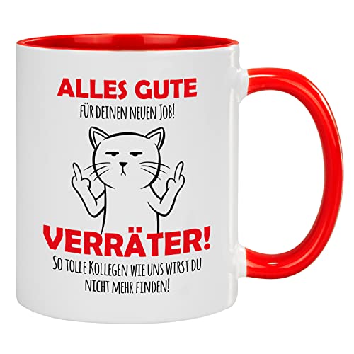 Geschenke 24 - "Alles Gute für Deinen neuen Job! Verräter..., Kaffetasse, Kaffeebecher, Spaßgeschenk, Spruch, mehrere Farben und Motive, Keramiktasse, Mug (rot-weiß, Katze) von Geschenke 24