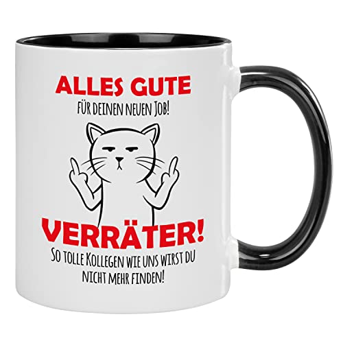 Geschenke 24 - "Alles Gute für Deinen neuen Job! Verräter..., Kaffetasse, Kaffeebecher, Spaßgeschenk, Spruch, mehrere Farben und Motive, Keramiktasse, Mug (schwarz-weiß, Katze) von Geschenke 24