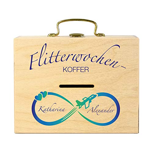 Geschenke 24 Flitterwochen Geldkoffer zur Hochzeit (Natur, Blaue Schrift): personalisiertes Sparbuch, originelles Geldgeschenk, Hochzeitsgeschenk mit Namen - persönliche Hochzeitsgeschenke Verpackung von Geschenke 24