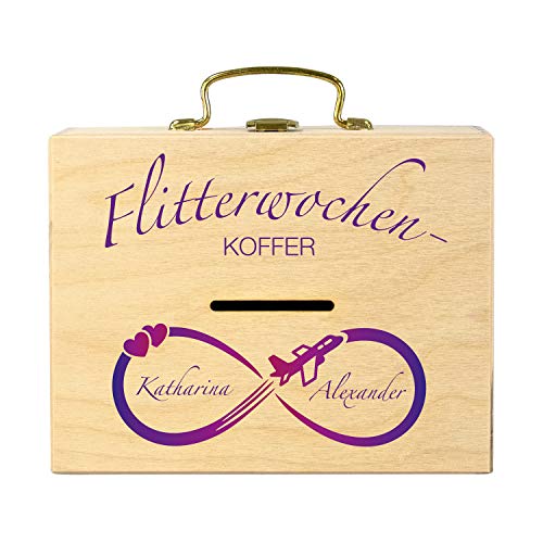 Geschenke 24 Flitterwochen Geldkoffer zur Hochzeit (Natur, lila Schrift): personalisiertes Sparbuch, originelles Geldgeschenk, Hochzeitsgeschenk mit Namen - persönliche Hochzeitsgeschenke Verpackung von Geschenke 24